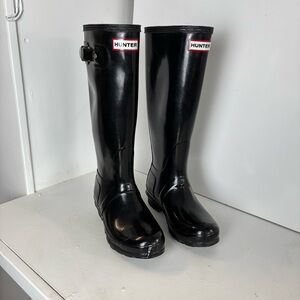 HUNTER Original Tall Gloss Rain Boots Black Rubber Waterproof Wellies Size 6F